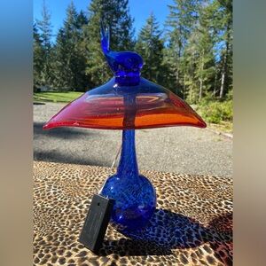 Vintage blue and orange glass mushroom art with whale on top-lighted (handmade)